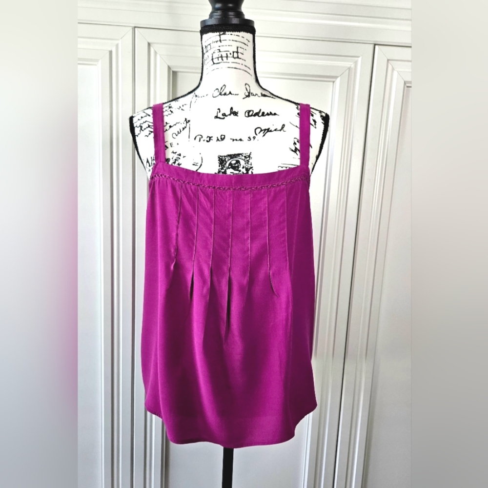 LOFT Top Womens Large Purple Tank Pleated Applique Lace Rayon - Picture 1 of 8